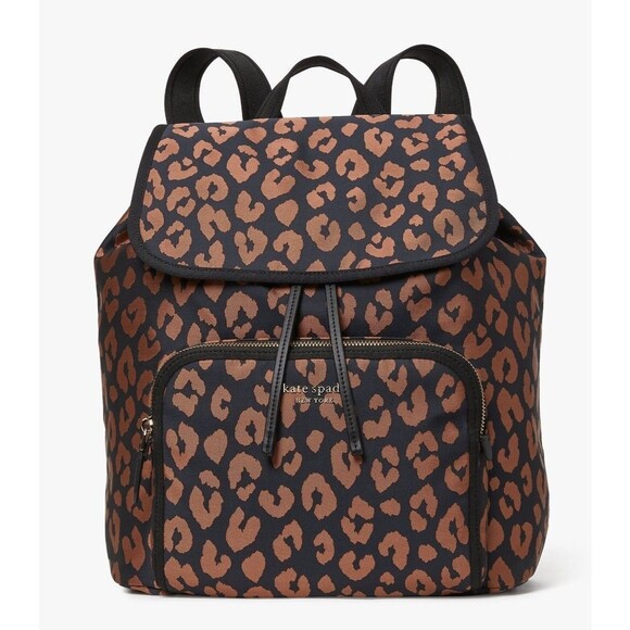 New Kate Spade Sam Leopard Medium Backpack The Little Better Nylon Black Multi - Picture 1 of 5